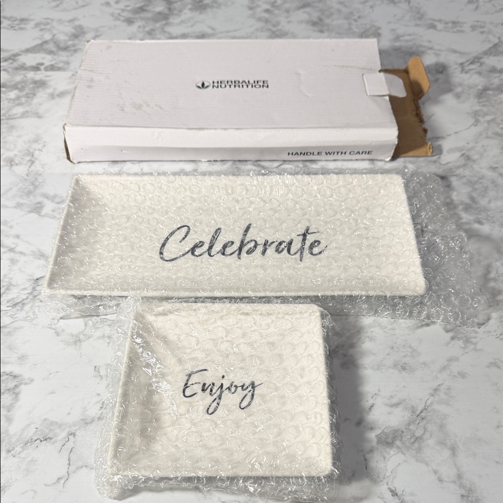 Celebrate and Enjoy White Trinket Trays NIB